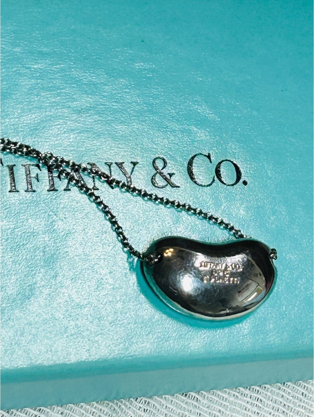 Tiffany Bean 925 Silver Elsa Peretti 18mm Bean Pendant Necklace Beautiful